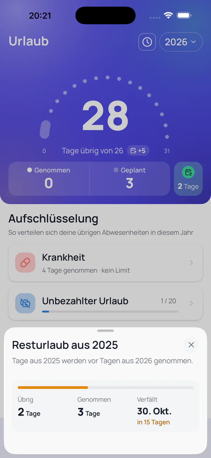 Screenshot von Leave Tracker: Zusätzliches Urlaubskontingent