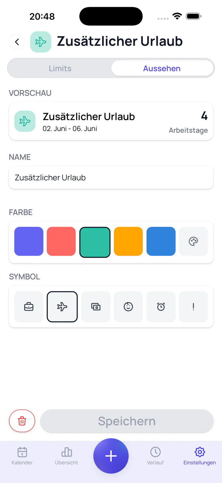 Screenshot von Leave Tracker: Eigene Abwesenheitsarten