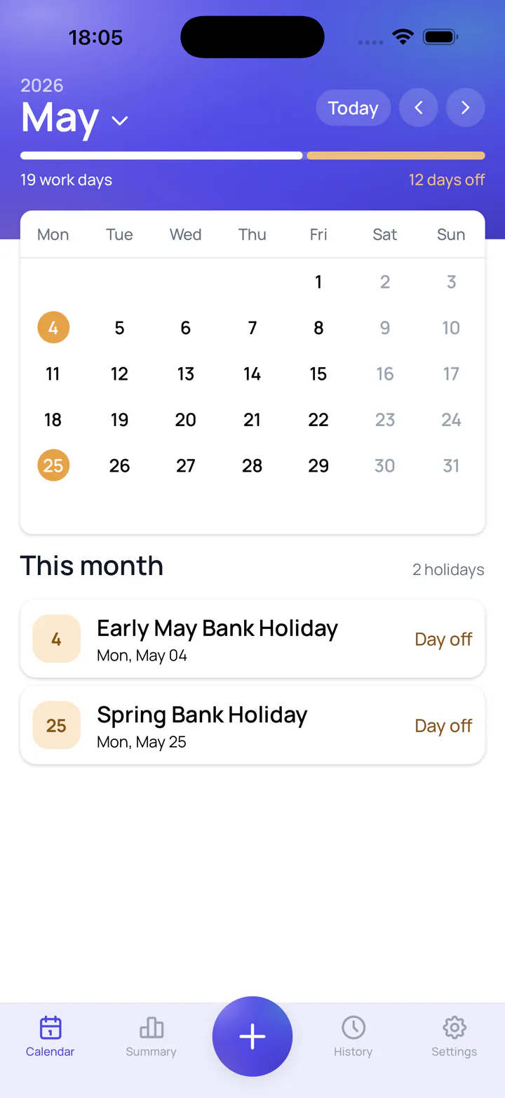 Leave Tracker screenshot: Bank holidays