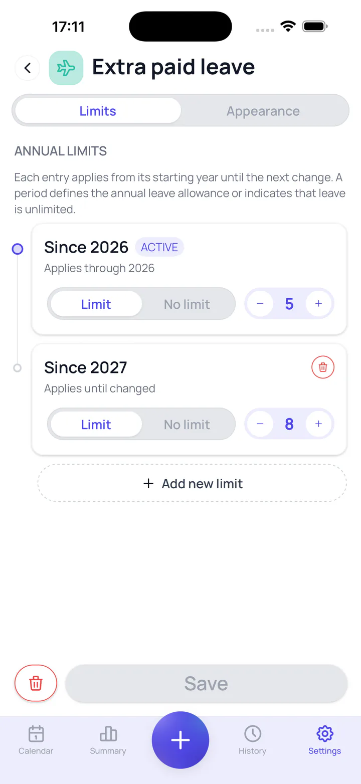 Leave Tracker screenshot: Flexible setup
