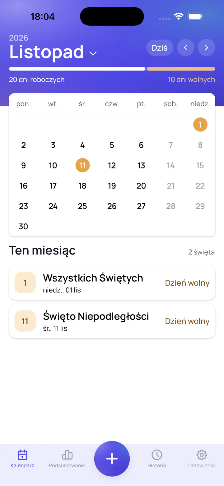 Zrzut ekranu aplikacji Leave Tracker: Święta państwowe