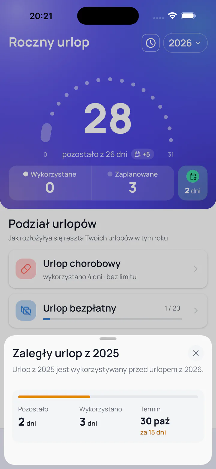Zrzut ekranu aplikacji Leave Tracker: Dodatkowa pula urlopów