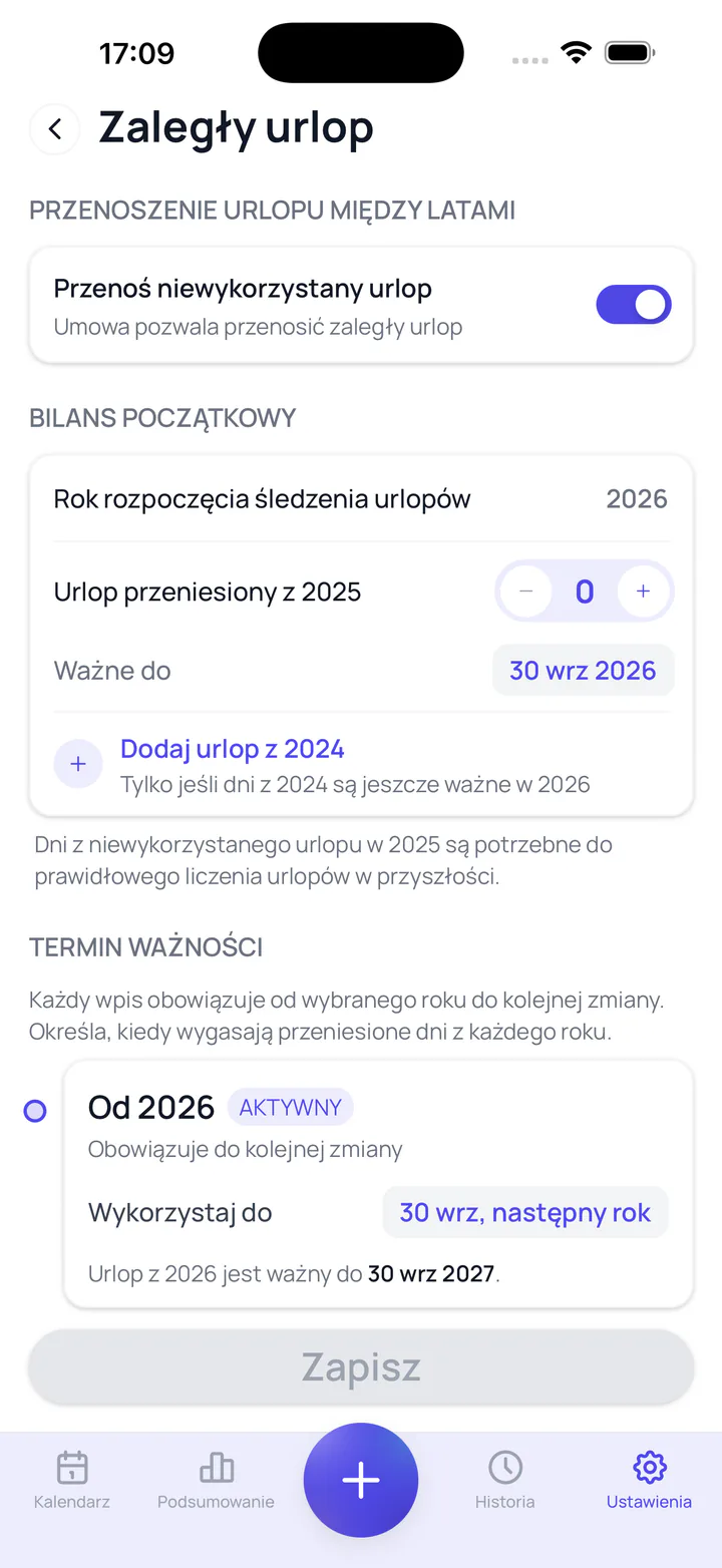 Zrzut ekranu aplikacji Leave Tracker: Zasady przenoszenia urlopu
